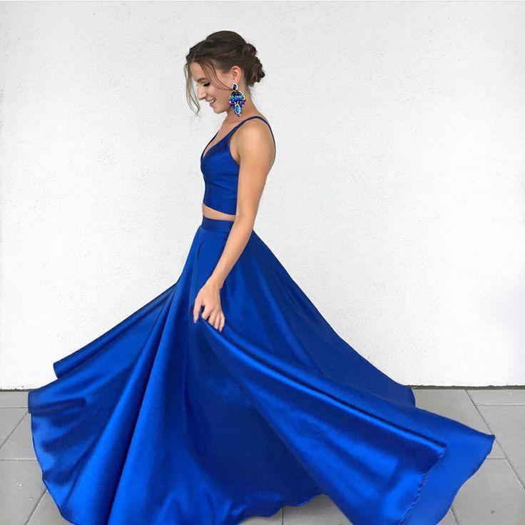 Sexy Royal Blue Two Piece Long Simple Satin Blue V-Neck Formal Evening Prom Dresses