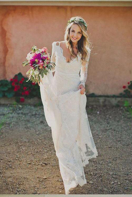 Simple V Neck Long Sleeves Lace Appliques Long Wedding Dresses