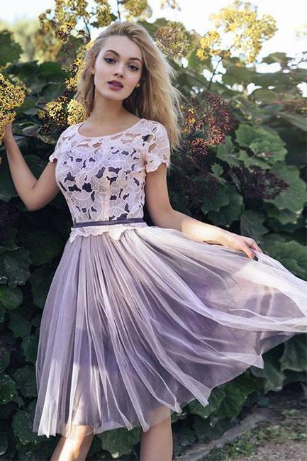Short Sleeves Scoop Lace Homecoming Dresses A line Cheap Pink Short Prom Dresses