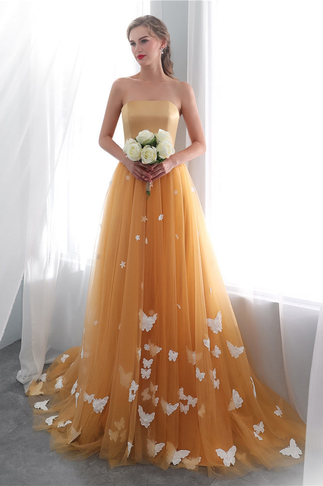Strapless Tulle Lace Up Tulle Sweep Train Prom Dresses with Appliques